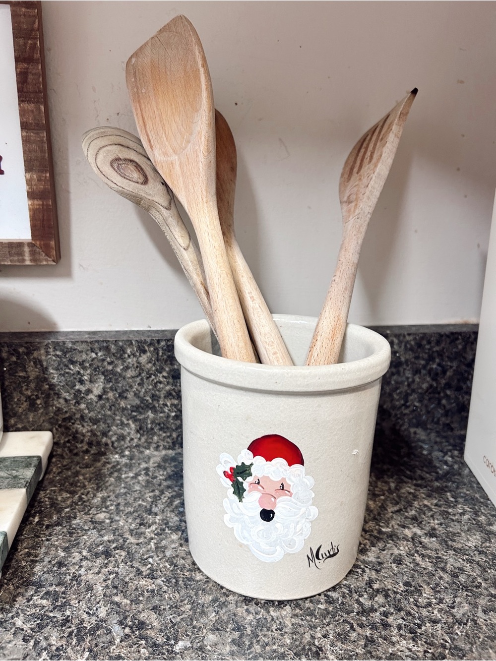 Ceramic Cream Kitchen Utensil Crock with Hand Painted Santa Design
